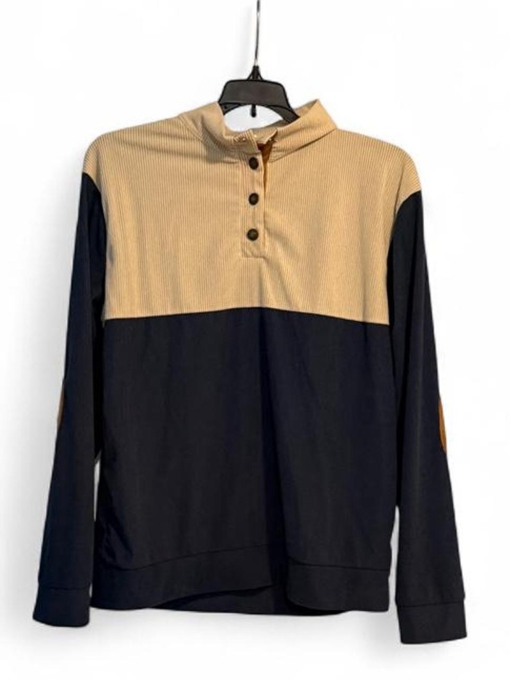 Men's Two-Tone Crewneck Henley Sweater - Tan and Navy
